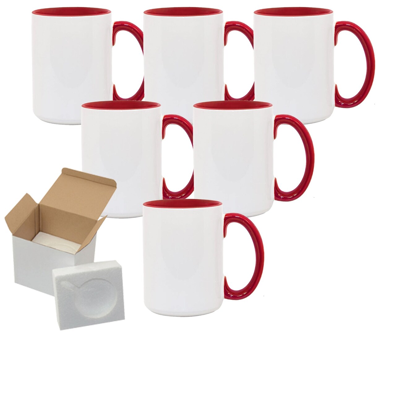 6 Pcs 15OZ El Grande Red Inside & Handle Sublimation Mugs With Foam Support Boxes